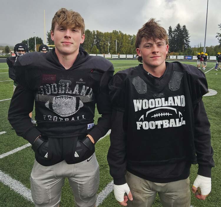 Woodland tackles Seth Popp and Charles Elkinton said they love being part of an undersized offensive line, and then proving to bigger opponents that they know how to play football. Photo by Paul Valencia