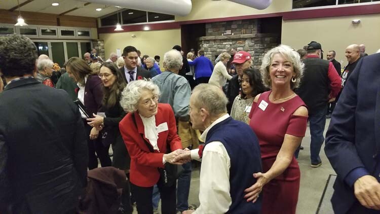 Jill Ross chats with Frank Heyl following the Clark County Republican Women Salute to Veterans event. Over 150 people had signed up to attend the Nov. 10th event at the Battle Ground Community Center. There were 33 veterans in attendance. Photo courtesy of Clark County Republican Women
