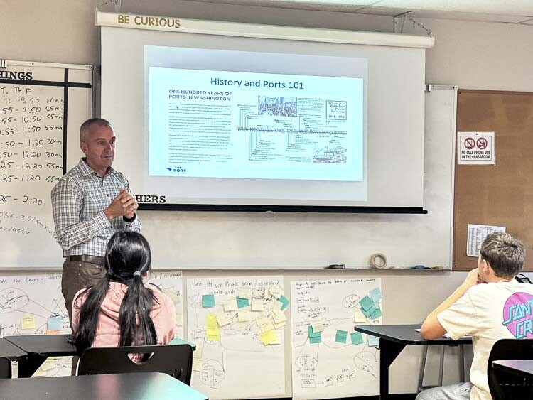 David Ripp (left) and Will Baur (right) facilitate a student-led discussion about the Port of Camas-Washougal. Photo courtesy Washougal School District