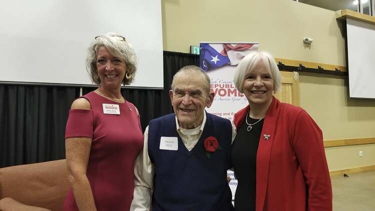 Tricia Davis and Liz Cline proudly stand with retired LTC Frank Heyl. He served 30 years on active duty, flying in WW II, Korea, and Vietnam. Heyl was the highlight of the Clark County Republican Women’s Salute to Veterans event Friday evening. Photo courtesy of Clark County Republican Women