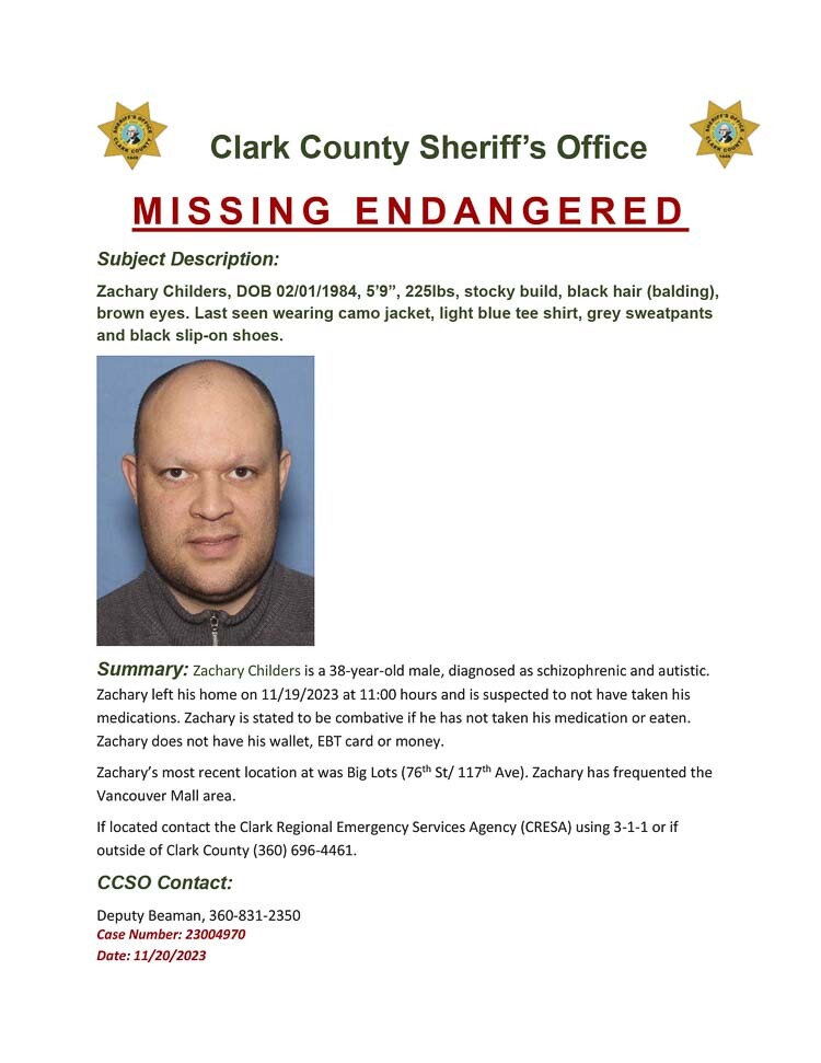 The Clark County Sheriff’s Office is seeking help from the public in locating a missing endangered adult, Zachary Childers.