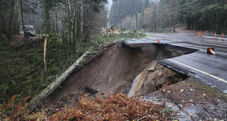 On Dec. 5, due to continuous, significant rainfall, the culvert underneath a portion of the SR 503 Spur at milepost 35.7 southwest of Cougar, failed. For travelers safety, WSDOT maintenance crews fully closed both directions of the highway until one lane could be reopened on Dec. 7. Currently, one lane remains open during the emergency repair contract to reestablish the two-lane roadway. Photo courtesy Washington State Department of Transportation