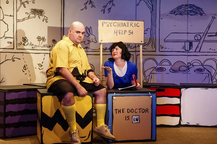 Shane Kingston Magargal as Charlie Brown and Janet Lindsley as Lucy light up the stage at the Beacock Music Theater in east Vancouver. Beacock Music is presenting You're a Good Man, Charlie Brown to help raise funds for the Daryle Rustvold MusicForLife Scholarship Foundation. Photo courtesy Keith Dwiggins