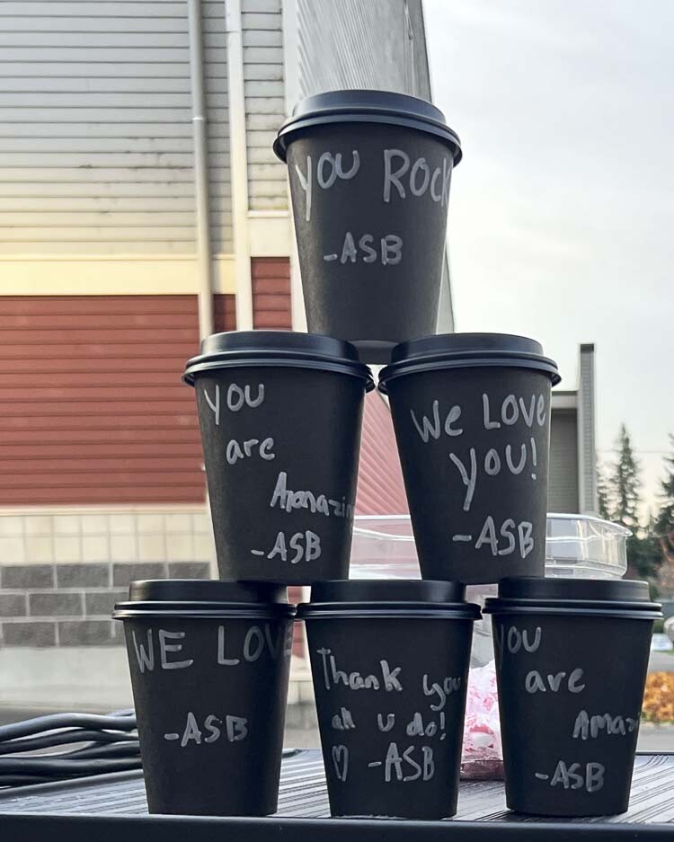 Messages on cups from WHS ASB to thank drivers are shown here. Photo courtesy Washougal School District