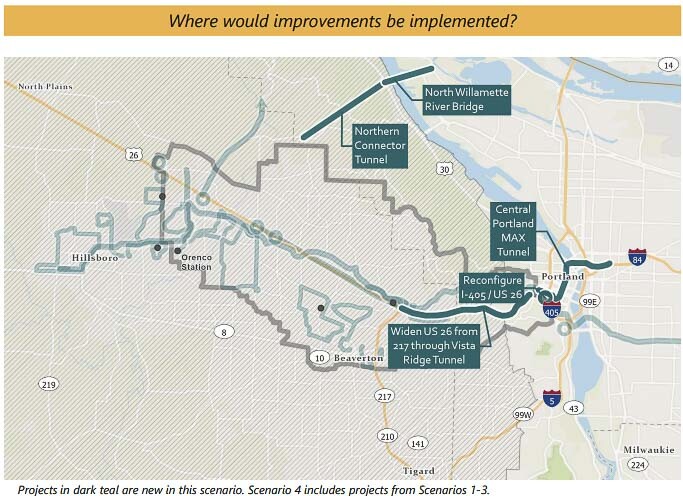 ODOT and Metro have been working with Washington County, the Port of Portland, and TriMet on a series of transportation improvements for the west side of the Portland metro area. This map shows two tunnels and a new bridge over the Willamette River connecting to the Port of Portland. Graphic courtesy of ODOT