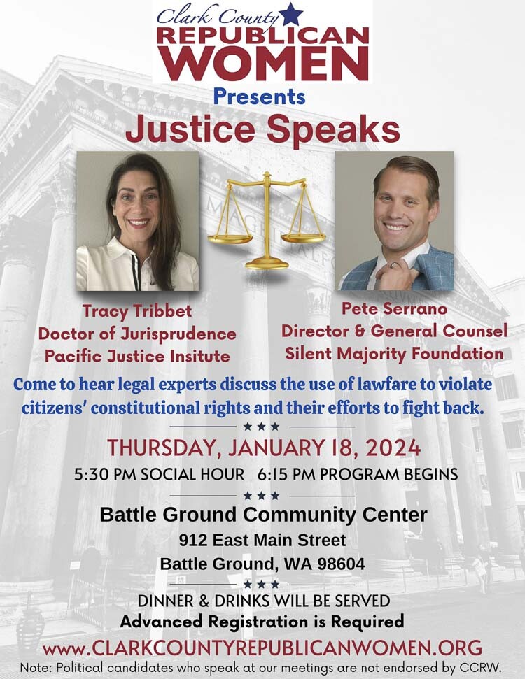 The Clark County Republican Women’s Club is holding a dinner event on Jan. 18, where two legal expert keynotes, Tracy Tribbet, J.D. and Pete Serrano, will address the aggressive use of lawfare against citizens of Washington.