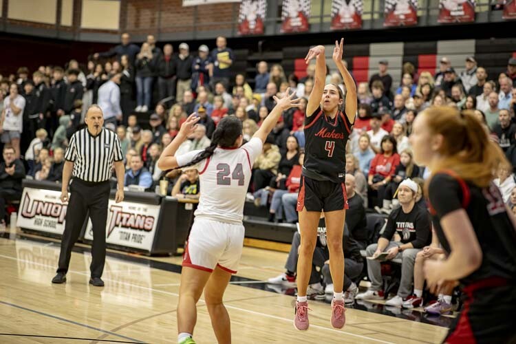 Sophie Buzzard hit a 3-pointer on the first possession of the game, and a message was sent: Camas is ready for the stretch run of the girls basketball season. Photo courtesy Heather Tianen