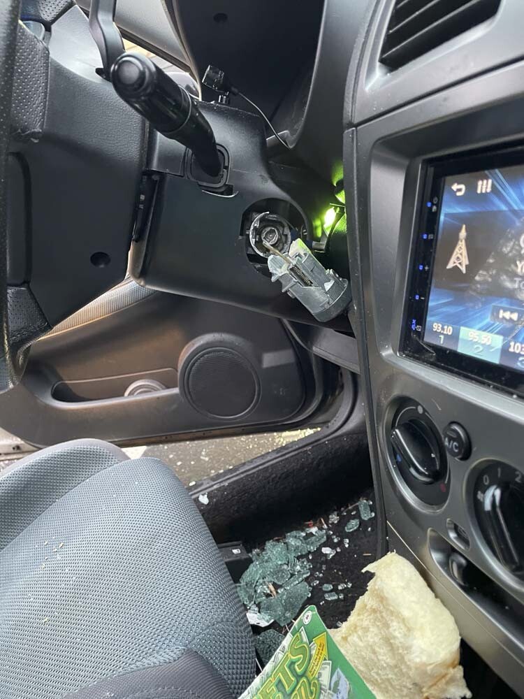 Ignition damage is shown here in this stolen vehicle that was recovered Friday. Photo courtesy Vancouver Police Department