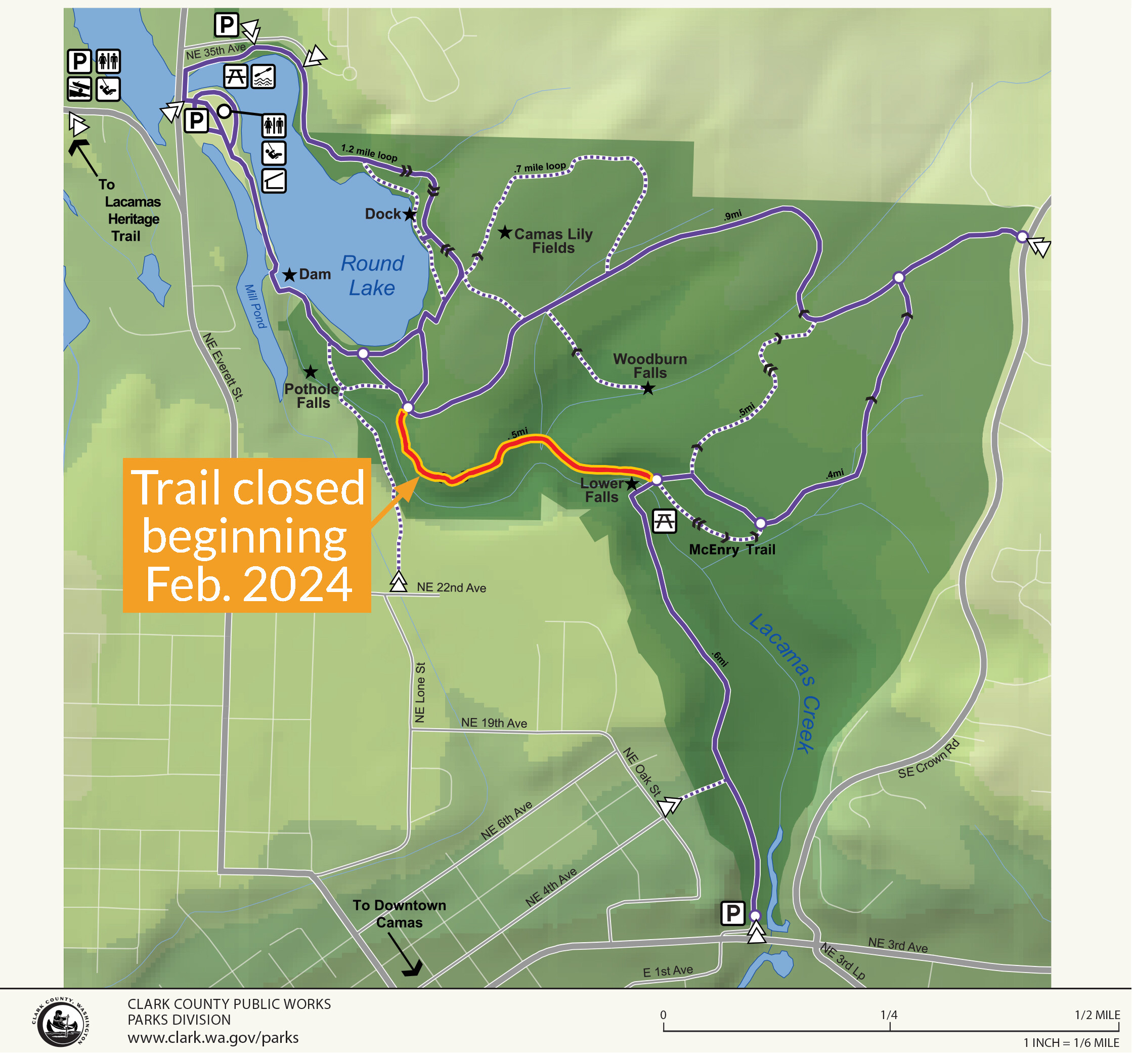 Map showing area of trail closure in Lacamas Regional Park, southeast of Round Lake. Image courtesy Clark County Public Works