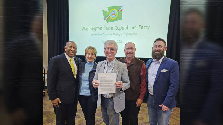 A delegation from the Clark County Republican Party is shown here with Republican gubernatorial candidate Semi Bird (far left) at the WAGOP quarterly meeting. Also pictured (left-to-right) are Anne O’Neill (CCRP state committeewoman), John Ley (CCRP state committeeman), Bob Runnells and CCRP Chairman Matt Burmala. Photo courtesy Clark County Republican Party