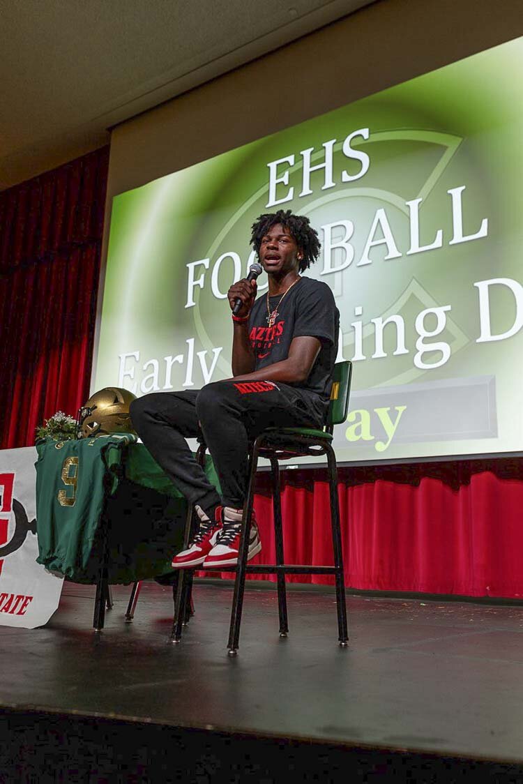 rthur Ban of Evergreen talks to friends and family in December after he signed to play football at San Diego State. Photo courtesy Ryanne Elaine Visuals