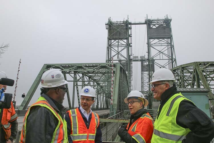 DOT Secretary Pete Buttigieg chats with Governors Jay Inslee and Tina Kotek, and IBR Administrator Greg Johnson during a tour of the Interstate Bridge. Photo courtesy DOT