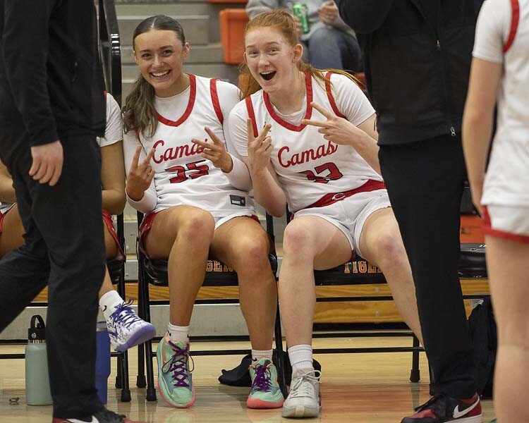 Keirra Thompson and Addison Harris, and their Camas teammates, understand they are on a mission to claim a state championship. But they also know the importance of enjoying the journey. Camas advanced to the state quarterfinals with a win over Gonzaga Prep on Saturday. Photo by Mike Schultz