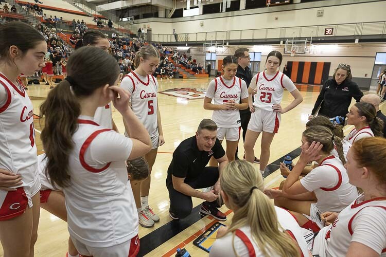 Camas coach Scott Thompson and the Papermakers are heading to quarterfinals in the Tacoma Dome. They are the No. 1 seed for the Class 4A girls basketball state tournament. Photo by Mike Schultz
