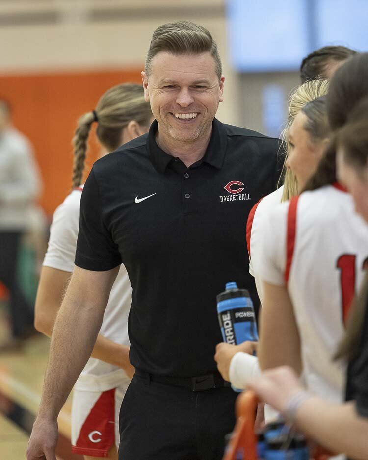 Camas girls’ basketball coach Scott Thompson has had a lot to smile about this season. Photo courtesy Mike Schultz