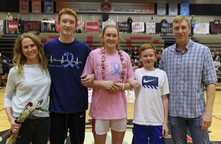 The Harris family is shown here on the 2024 Camas girls’ basketball team’s senior night. Pictured (left to right) are Carla, Ethan, Addison, Garner and Jason. Photo courtesy WazMixHoops/Twitter