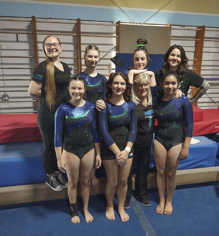 Cristi Westcott was named Mountain View’s head coach for gymnastics in 1984. This is Westcott with this year’s Mountain View team. Westcott is retiring after this season. Photo courtesy Westcott
