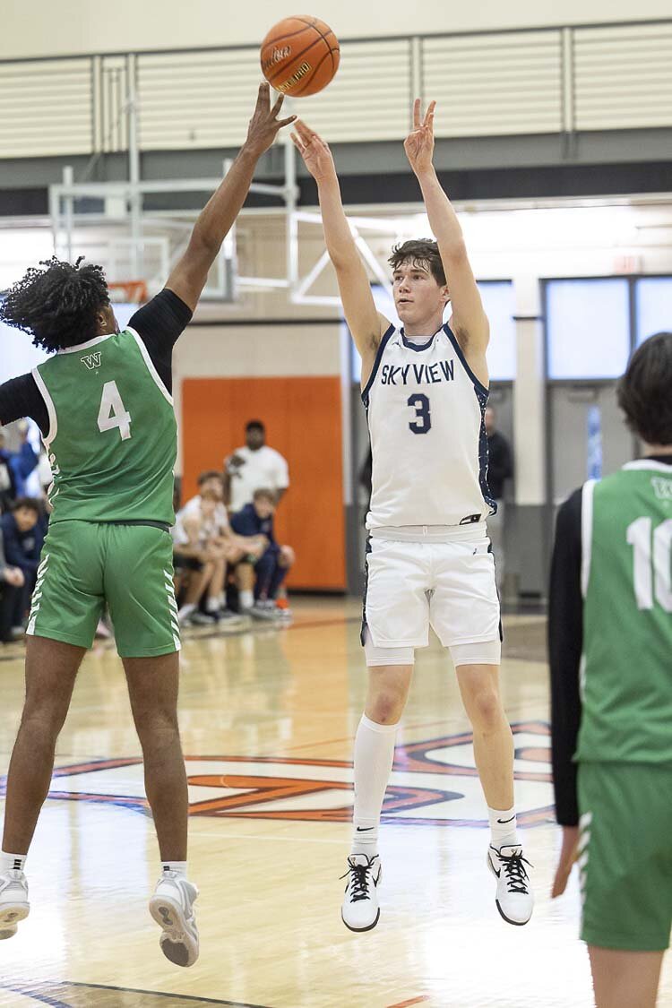 Gavin Perdue of Skyview, shown here last week at state regionals, hit a big 3-pointer Thursday giving the Storm the lead going into the fourth quarter. Davis, though, got the job done in the final eight minutes to beat Skyview. Photo by Mike Schultz