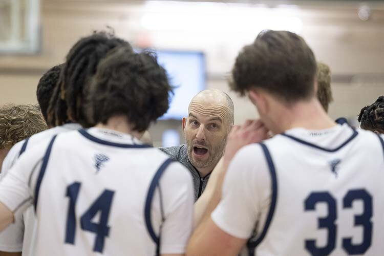 Skyview coach Matt Gruhler said this year’s Skyview team is one of the best defensive teams he has coached. The Storm got defensive Saturday and advanced to the round of 12 in the Class 4A boys basketball state tournament. Photo by Mike Schultz