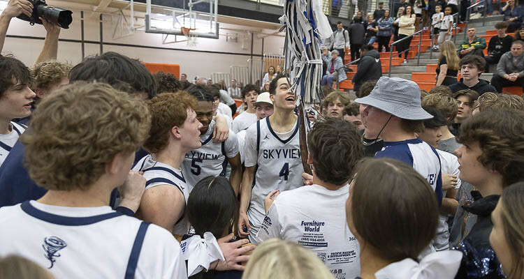 The Skyview Storm, shown here at state regionals, finished sixth in Class 4A boys basketball state tournament in Tacoma on Saturday. Photo by Mike Schultz
