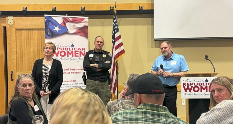 The three speakers at the CCRW March 21 dinner meeting were (left to right) State Committeewoman Anne O’Neill, Clark County Sheriff John Horch and Scott Johnson of the Clark Regional Emergency Services Agency. Photo by Andi Schwartz