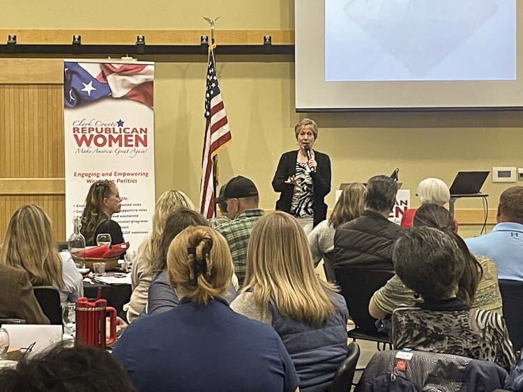 Clark County Republican Party State Committeewoman Anne O’Neill was the final speaker of the night. Photo courtesy Leah Anaya