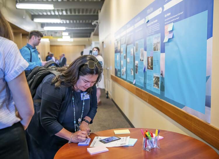 Community members add their hopes for the future to an interactive panel outlining Vancouver's history. Photo courtesy city of Vancouver