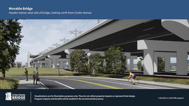 A new visualization of the double deck bridge is shown from Hayden Island. It includes a ramp for light rail to connect to the bridge and the electric supply lines. There are three bridge options including a single level, wider bridge and a movable span. Graphic courtesy of Interstate Bridge Replacement Program