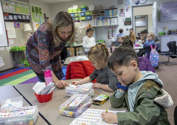 Kindergarten teacher Diana Knauss works with her students at Captain Strong Primary. Photo courtesy Battle Ground School District