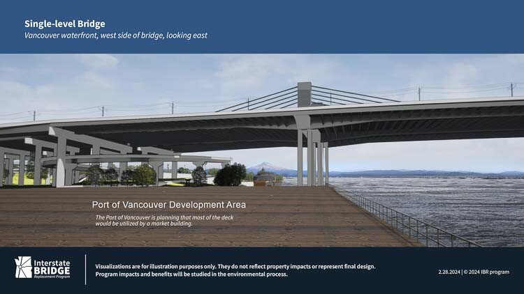 One of three possible bridge options, as viewed from the Vancouver waterfront looking east. It does not show the waterfront light rail transit station, expected to be about 75 feet high. Graphics courtesy Interstate Bridge Replacement Program
