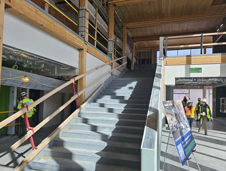 Mass timber and a non-traditional staircase are part of the new construction at the Center for Deaf and Hard of Hearing Youth on the campus of the Washington School for the Deaf in Vancouver. The deaf community prefers longer staircases in order to not have to use a handrail. They communicate with their hands and don’t want to stop while walking. Photo by Paul Valencia