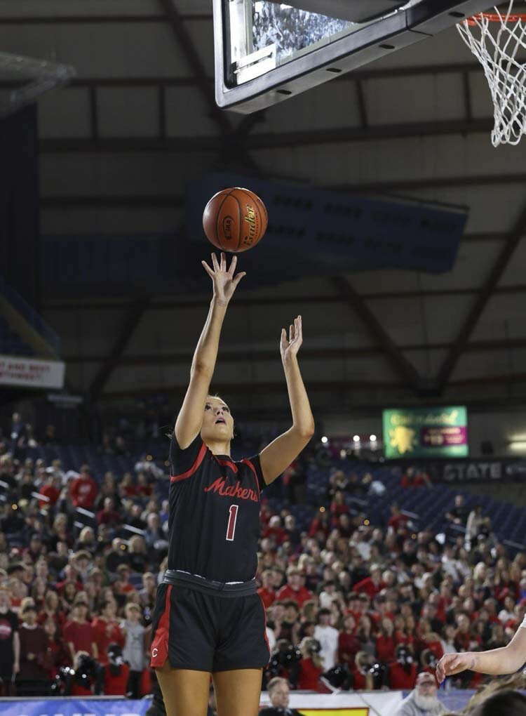 Camas senior Reagan Jamison (1) had 17 points and seven rebounds to help Camas claim a 57-41 victory over Gonzaga Prep in Saturday’s championship game of the Class 4A girls’ state tournament at the Tacoma Dome. Photo courtesy Mike Schultz