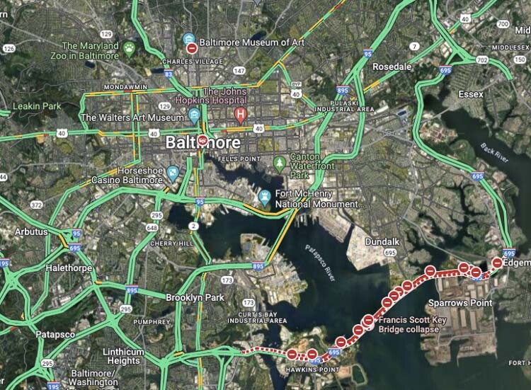 The expected traffic nightmare in Baltimore failed to materialize, as this 10 AM graphic shows. There were plenty of alternative routes for vehicles. Graphic courtesy of Joe Cortright and Google.