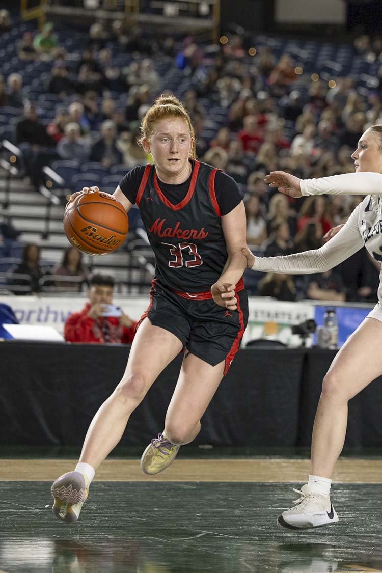 Addison Harris, shown here during her state tournament MVP performance, helped Camas win the state championship in March, and then on Sunday, she helped Washington defeat Oregon in the Northwest Shootout all-star game. Photo by Mike Schultz