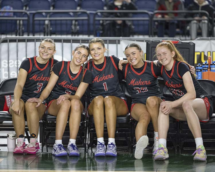 The Camas starting five: Riley Sanz, Sophie Buzzard, Reagan Jamison, Keirra Thompson, and Addison Harris pose prior to the state championship game last month. Jamison and Harris represented Camas in the Northwest Shootout this past weekend, helping Washington beat Oregon. Photo by Mike Schultz