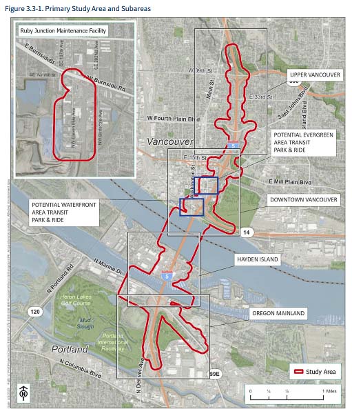 This map shows property impacts in Vancouver, Hayden Island, north Portland and Gresham, due to the proposed Interstate Bridge Replacement proposal. Graphic courtesy IBR