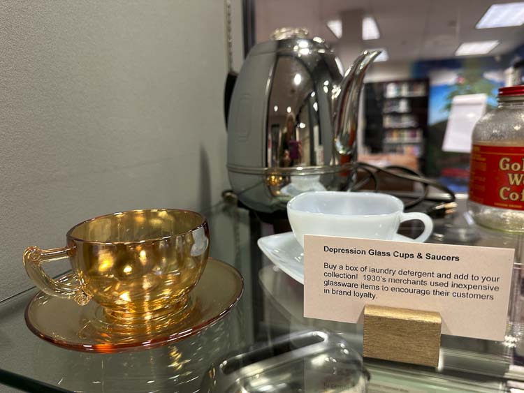 Depression era glass on loan from Two Rivers Heritage Museum, now on display at Washougal High School. Photo courtesy Washougal School District