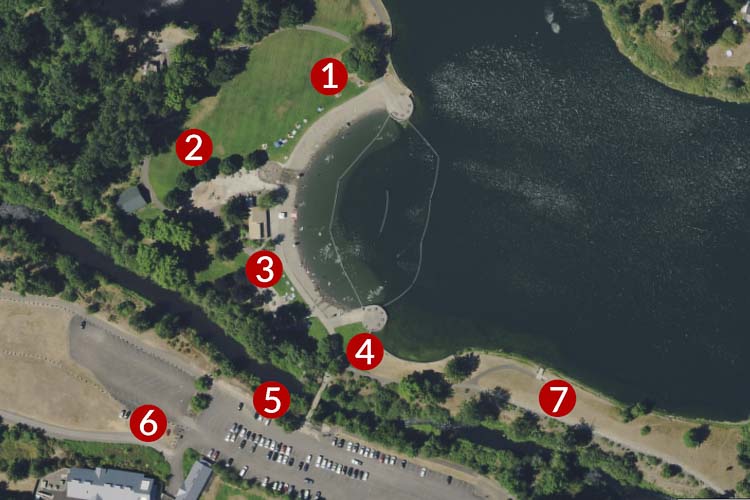 This aerial view shows locations of survey drilling at Klineline Pond this week. Image courtesy Clark County Public Works