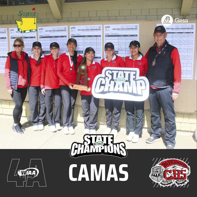 The Camas Papermakers celebrate their state team title in girls golf on Wednesday. Image courtesy WIAA X account