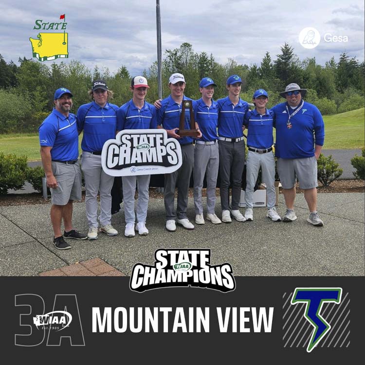 The Mountain View Thunder won the Class 3A boys golf team title by one stroke. Image courtesy WIAA X account