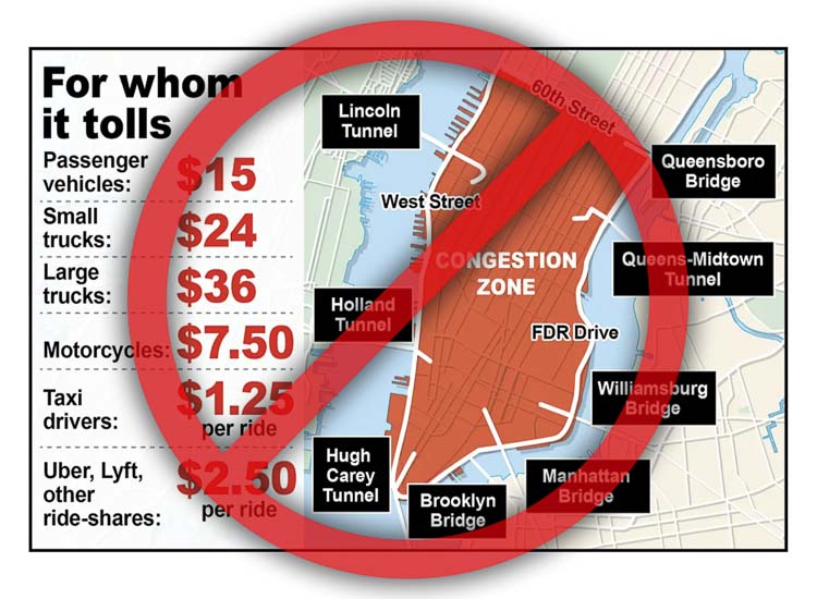 New York City politicians planned to charge drivers $15 each time they entered the “zone” in Manhattan. Trucks would pay even more. Public outrage caused the New York governor to “indefinitely pause” the congestion priced zone tolling program. Graphic courtesy Clark County Today