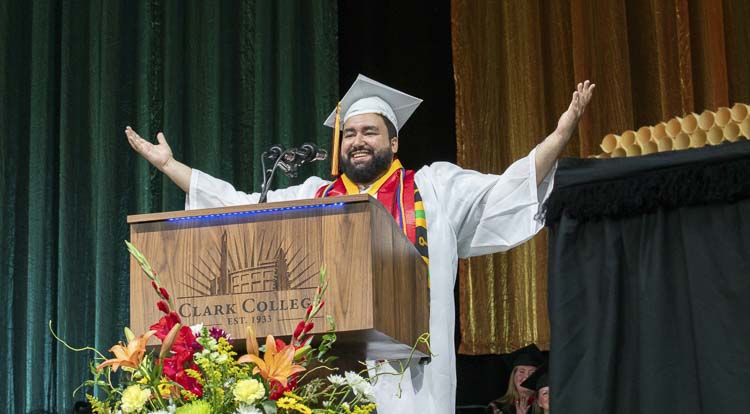 Student commencement speaker Ziyad El Amrani is shown here at Thursday’s ceremony. Photo courtesy Clark College Communications