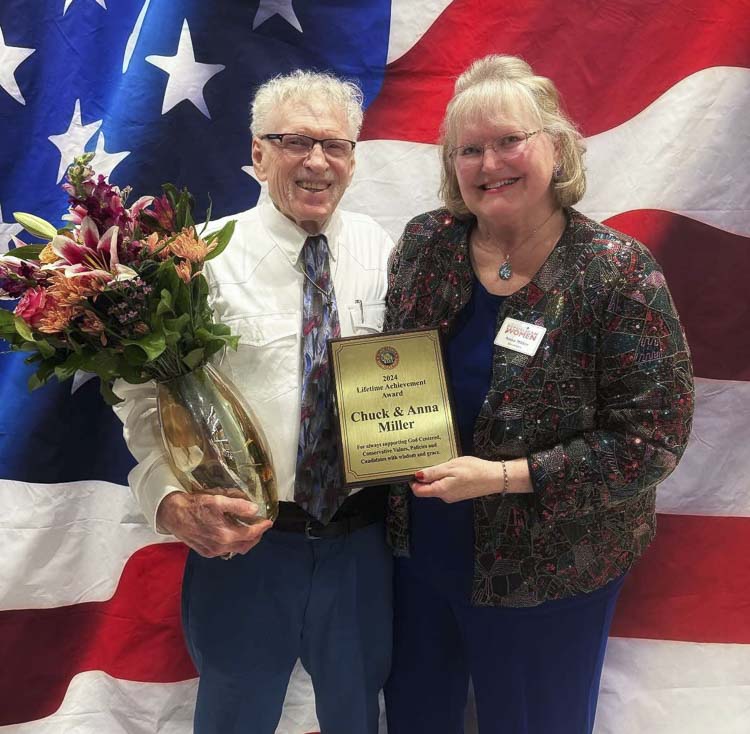 Chuck and Anna Miller were honored with a Lifetime Achievement Award at the Clark County Republican Party Lincoln Day Dinner. The couple have been involved in local politics for decades. Photo from social media page