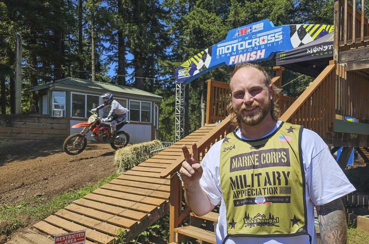 Austin Kiemele wears his Warrior Class bib on Thursday that veterans wore during a special moto just for them at the Washougal MX Park. Kiemele was unable to ride this week but was proud to be part of Military Appreciation for Pro Motocross Championships in preparation for Saturday’s Washougal MX National. Photo by Paul Valencia