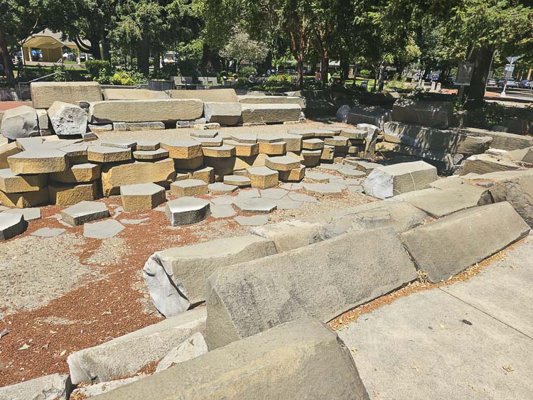 The water feature at Esther Short Park in downtown Vancouver is dry this summer, not running as its pump, as well as nearby Salmon Run Tower, are being repaired and restored. Photo by Paul Valencia