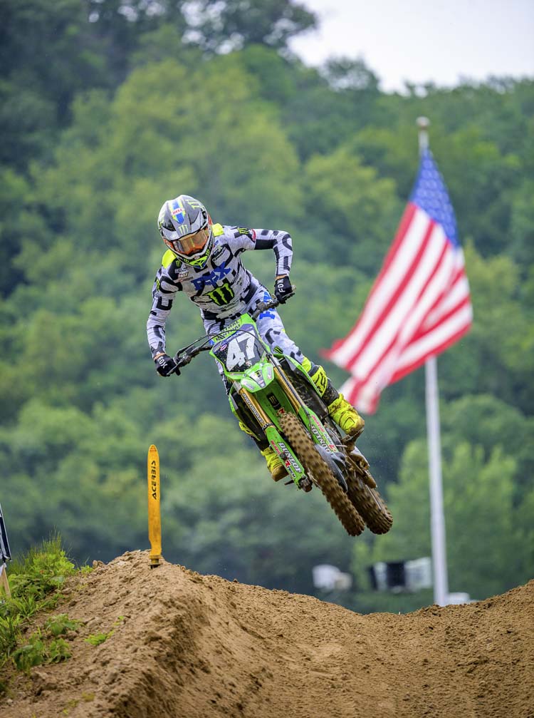 Levi Kitchen trailed early in both motos last week, but made moves to take the lead in both and kept the lead, going 1-1 in Minnesota. He will be racing in his hometown this weekend at the Washougal MX Park. Photo courtesy Andras Simon of Kawasaki USA