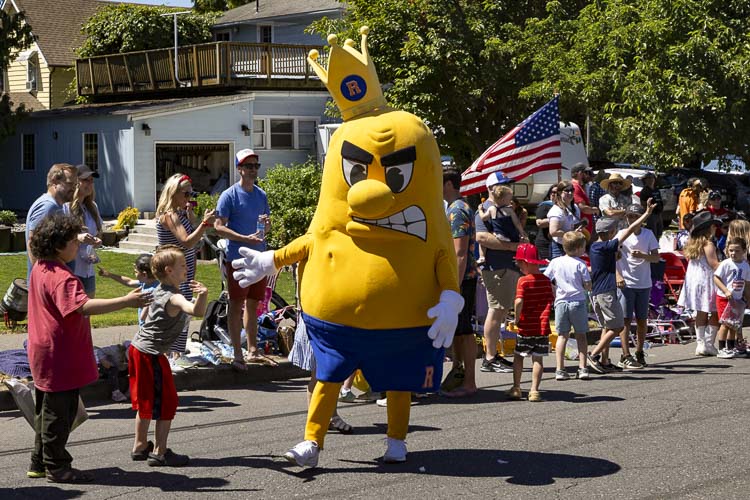 The Ridgefield Spudder always has an intense look on his face, but trust us, he was having fun at the Ridgefield Fourth of July parade. Photo by Mike Schultz