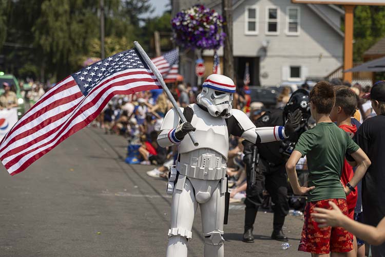 All are welcome at the Ridgefield Fourth of July Celebration, including a Stormtrooper from Star Wars fame. This year’s all-day festival, on Thursday, will feature a a kids parade, a pet parade, and the traditional Fourth of July parade. Photo by Mike Schultz