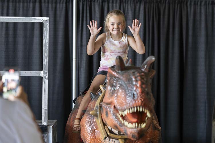 Harper Paschal is extra daring, riding a dinosaur with no hands at Dino Encounters at the Clark County Fair on Friday. Photo by Mike Schultz