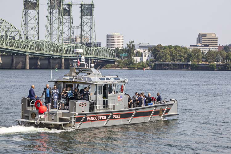 A group of elected officials and others boarded a Vancouver Fire boat and toured the Interstate Bridge Thursday from the Columbia River. Photo by Mike Schultz